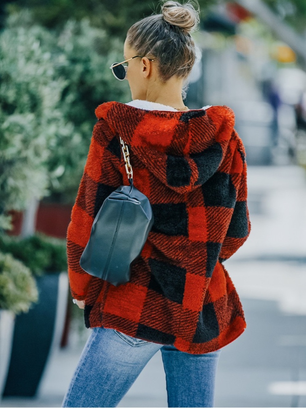 Red & Black Plaid Hooded Teddy Jacket - Women